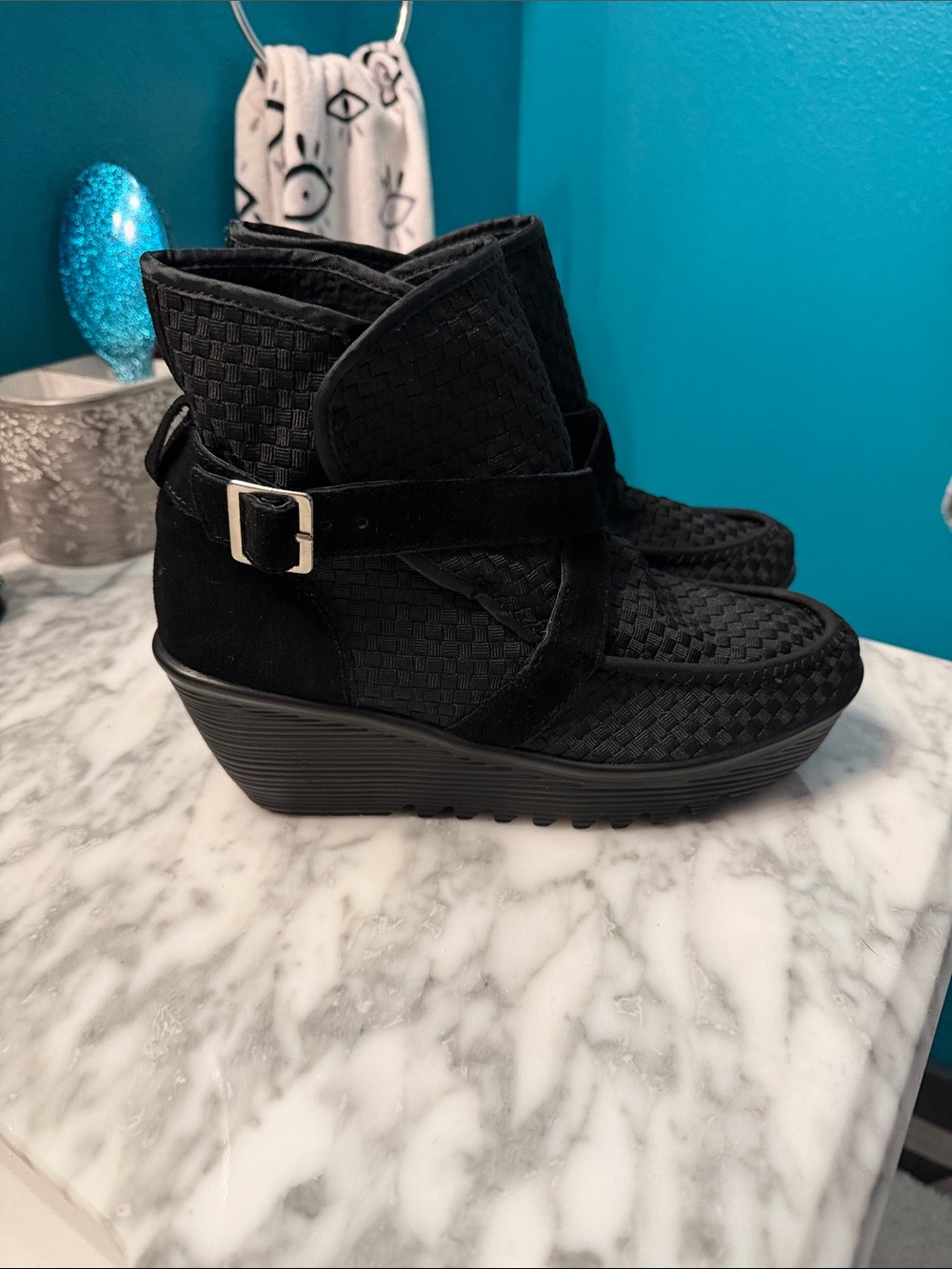 bernie mev. Black Woven Suede Wedge Ankle Boots
